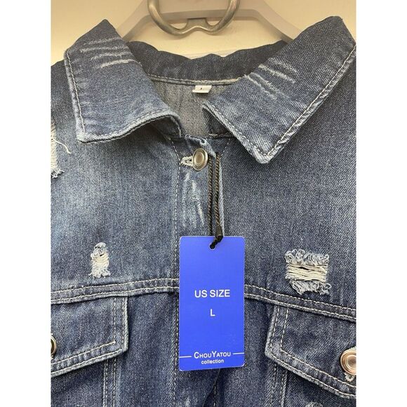 ChouYaTou distressed long length Jean Jacket Trench Coat Size Large - Picture 2 of 4